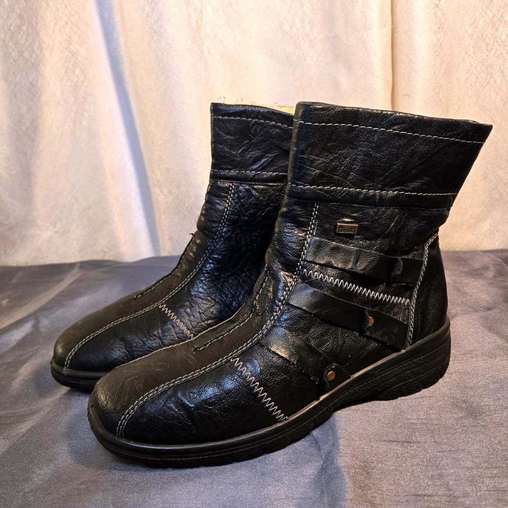 Rieker‎ Women Black Leather Ankle Boots Side Zip Lambs Wool Lined  Size 40 US 9